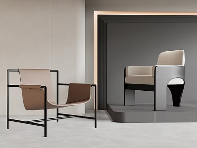 Two Modern Leisure Chairs Featuring Brown Beige Upholstery and Black Metal Frames 3d model