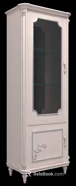 Elegant White Cabinet With Glass Door Shelves And Decorative Floral Motifs Legs 3d model 