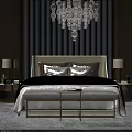Elegant Modern Bedroom Bed With Striped Wall Chandelier Cream Headboard And Black Fur Blanket