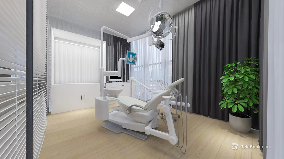 Modern Dental Clinic Interior With Dental Chair Medical Monitor And Green Plant 3d model 