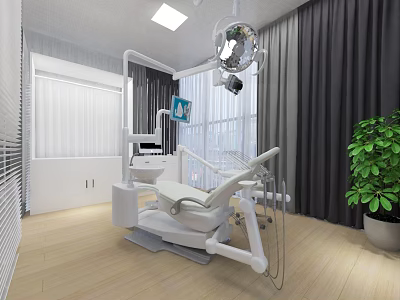 Modern Dental Clinic Interior With Dental Chair Medical Monitor And Green Plant 3d model