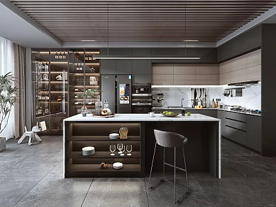 Modern Kitchen Interior Design With Island Counter Cabinets And Pendant Lights 3d model