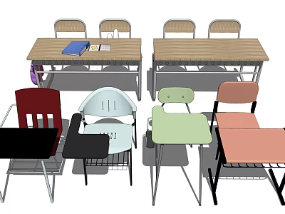 Various Style Desks With Colorful Chairs And Wooden Tops For Study Space 3d model