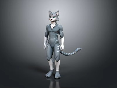3D Anthropomorphic Gray Cat Character In Tight Suit With Tail Standing Pose 3d model