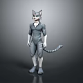 3D Anthropomorphic Gray Cat Character In Tight Suit With Tail Standing Pose