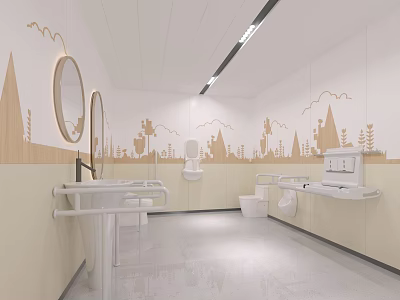 Modern Warm Child Friendly Accessible Public Toilet With Cute Wooden Cartoon Wall Murals For Families 3d model
