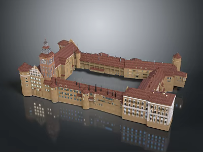 Detailed European Style Architectural Model With Red Roofs And Tower Structure 3d model