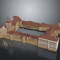 Detailed European Style Architectural Model With Red Roofs And Tower Structure