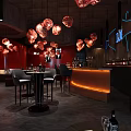 Modern Bar Interior With Red Pendant Lights Black Bar Stools And Orange Lit Counter
