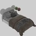 Kids Bed With Mickey Mouse Ear Shaped Headboard White Green Brown Quilt Gray Pillows Blanket