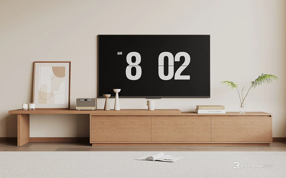 Modern Wooden TV Stand With Flat Screen TV Books Decorative Vase And Picture Frame 3d model 