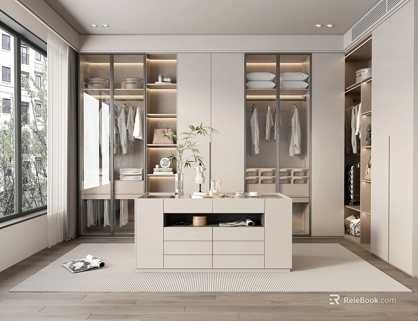 Modern Closet Design With Built in Wardrobes Island And Natural Light 3d model 
