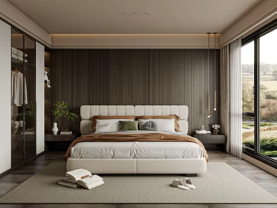 Modern Bedroom Interior Design With Wooden Wall White Bed Pillows And Floor to Ceiling Windows 3d model