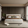 Modern Bedroom Interior Design With Wooden Wall White Bed Pillows And Floor to Ceiling Windows