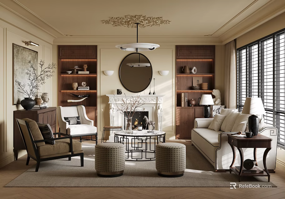 Elegant Living Room Interior Design With Fireplace Bookshelves Sofa And Coffee Table 3d model 
