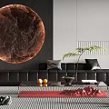 Modern Luxury Living Room Interior With Black Sofa Circular Art Red Coffee Table Floor Lamp Green Plant