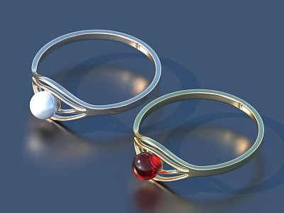 Silver and Gold Rings with White Pearl and Red Gemstone Twisted Design 3d model