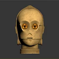 Golden Robot Head Furniture Decorative Piece With Metallic Finish Orange Light Eyes Black Base Stand