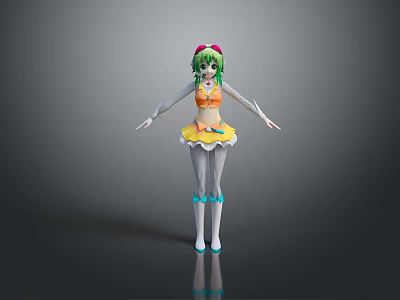 Cute Cartoon Child With Green Hair Red Bows Orange Top Yellow Skirt And Open Arms 3d model