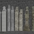 Various Styles Of Stone Carved Pillars With Grey Brick Wall And Floor