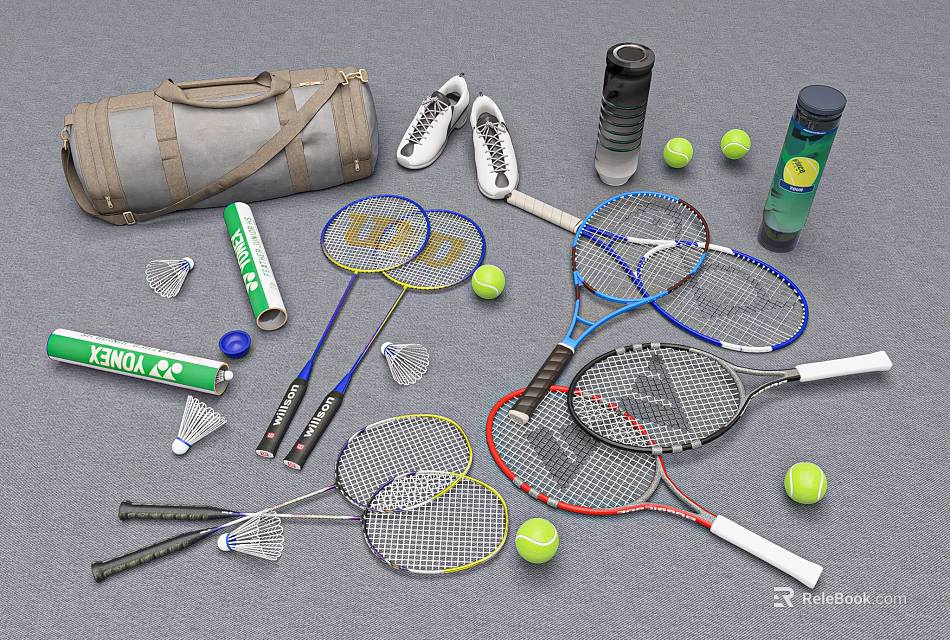 Essential Sports Equipment Collection With Tennis Badminton Rackets Balls Shuttlecocks Bag And Shoes 3d model 