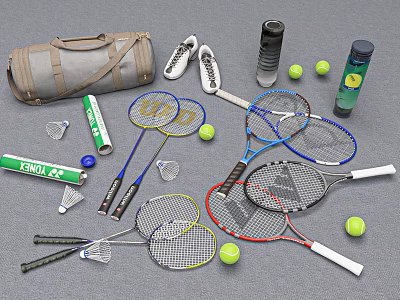 Essential Sports Equipment Collection With Tennis Badminton Rackets Balls Shuttlecocks Bag And Shoes 3d model