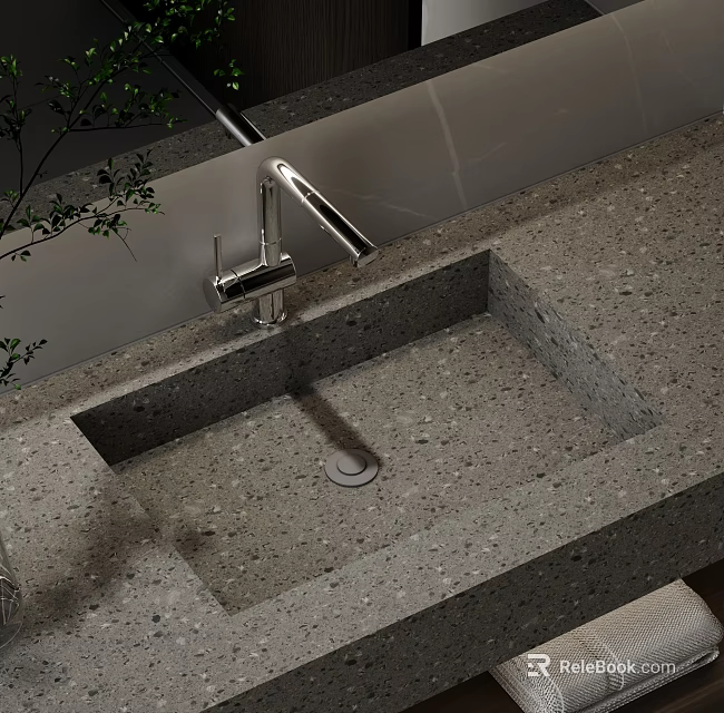 Modern Stone Washbasin With Integrated Sink Silver Faucet And Potted Plant 3d model 