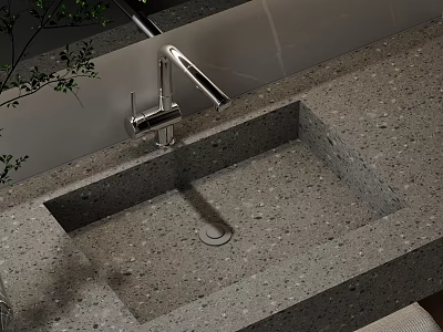 Modern Stone Washbasin With Integrated Sink Silver Faucet And Potted Plant 3d model