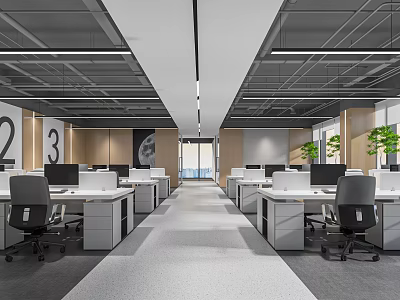 Modern Public Office Space With Open Layout Desks Computers Green Plants And Ceiling Lights 3d model