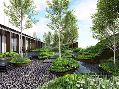 Serene Garden Landscape With Trees Green Plants Pebble Paved Ground And Water Ponds 3d model