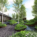 Serene Garden Landscape With Trees Green Plants Pebble Paved Ground And Water Ponds