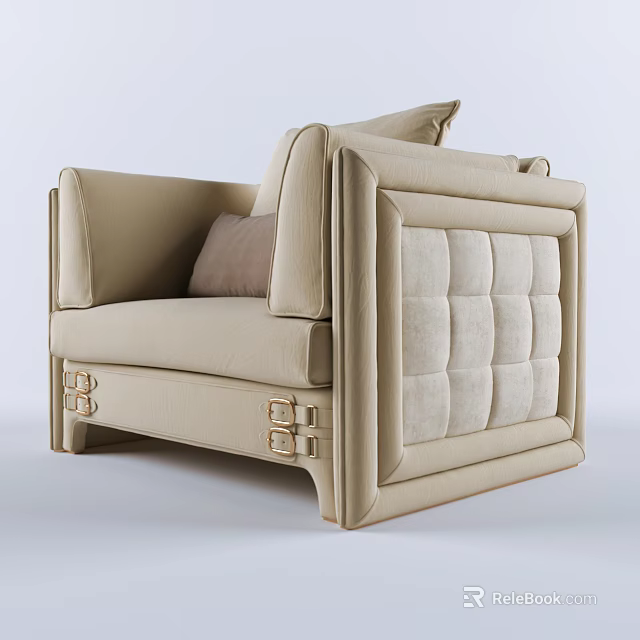 Beige Single Seater Sofa Upholstered With Tufted Backrest Wide Armrests And Metal Buckles 3d model 