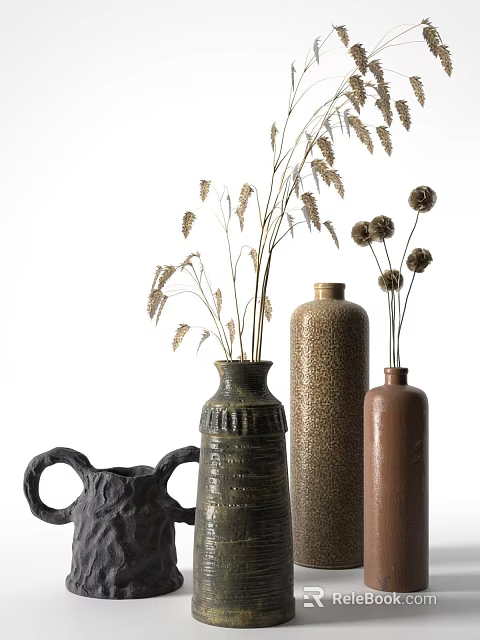 Decorative Ceramic Vases With Dried Flowers And Textured Surfaces 3d model