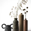 Decorative Ceramic Vases With Dried Flowers And Textured Surfaces 3d model