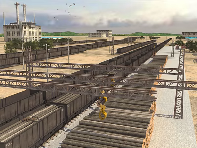 Industrial Factory Railway Freight Yard With Overhead Crane And Freight Cars 3d model