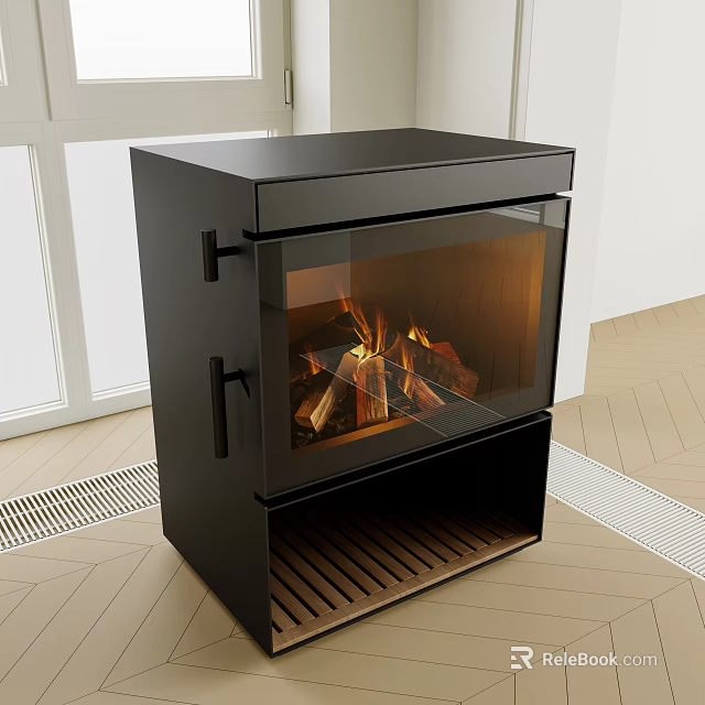 Modern Black Fireplace with Glass Door and Burning Flames in Indoor Setting 3d model 