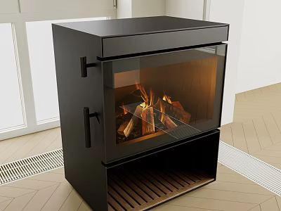 Modern Black Fireplace with Glass Door and Burning Flames in Indoor Setting 3d model