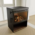 Modern Black Fireplace with Glass Door and Burning Flames in Indoor Setting