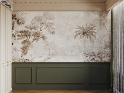 Vintage Background Wall With Tropical Trees Palm Pattern And Green Wainscoting Design 3d model