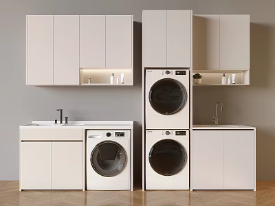White Bathroom Cabinetry with Upper Storage Cabinets Washing Machine Dryer Vanity Sink and Faucet 3d model