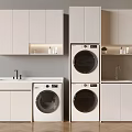 White Bathroom Cabinetry with Upper Storage Cabinets Washing Machine Dryer Vanity Sink and Faucet