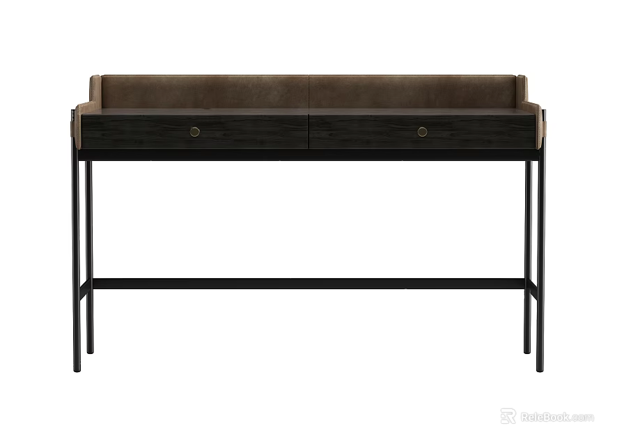 Modern Desk With Brown Top Two Drawers And Black Metal Legs 3d model 