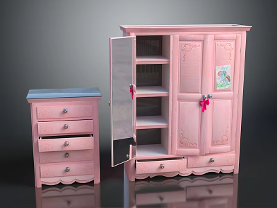 Pink Open Wardrobe With Shelves Carved Details And Matching Chest Of Drawers 3d model