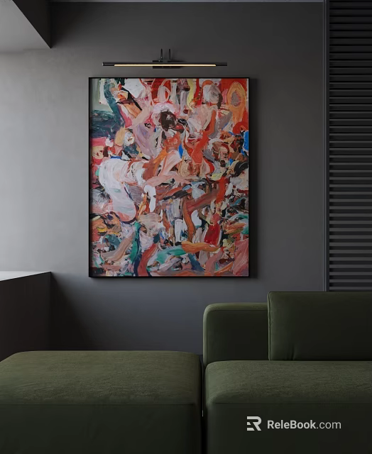 Colorful Abstract Oil Painting Adorns Gray Wall In Modern Room 3d model 