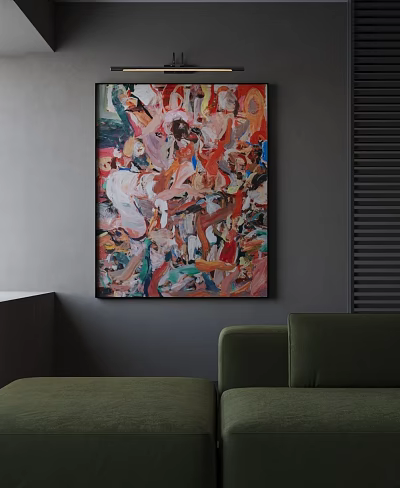 Colorful Abstract Oil Painting Adorns Gray Wall In Modern Room 3d model