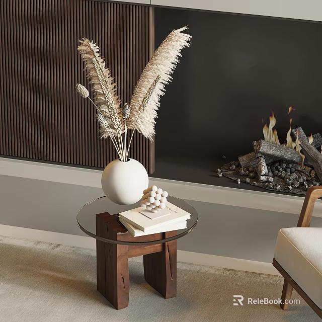 Glass Top Wooden Legs Side Table With White Vase Books Chess Pieces By Fireplace 3d model 