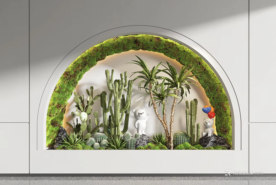 Arched Indoor Landscape With Moss Wall Cacti Palm Trees White Lion Sculpture And Colorful Bird 3d model 
