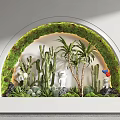 Arched Indoor Landscape With Moss Wall Cacti Palm Trees White Lion Sculpture And Colorful Bird