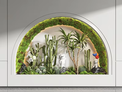 Arched Indoor Landscape With Moss Wall Cacti Palm Trees White Lion Sculpture And Colorful Bird 3d model