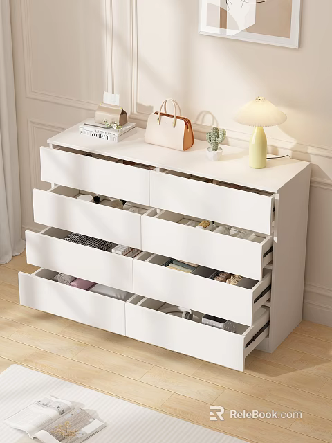 White Modern Chest of Drawers With Open Storage Drawers And Decorative Items On Top 3d model 